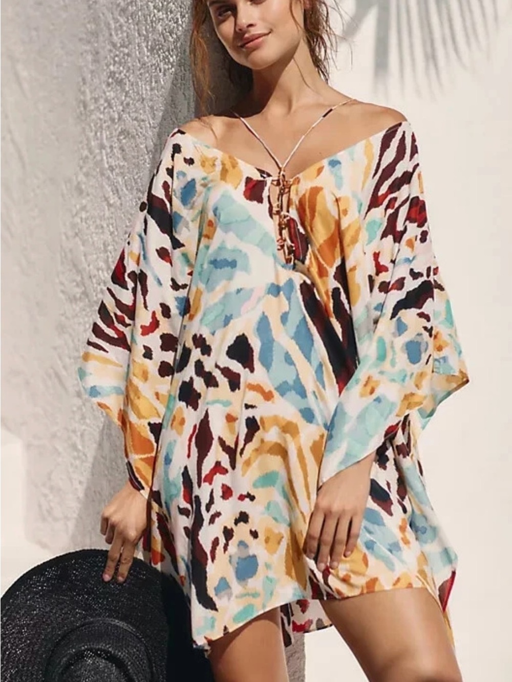Anthropologie Multicolor Brushstroke Tie-Neck Tunic